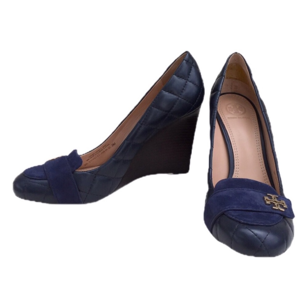 Tory Burch Leila quilted wedge high heel shoes 9.